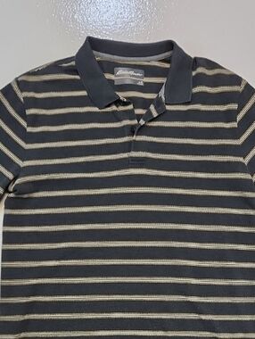 Eddie Bauer Men's Tall Large Gray Polo with Yellow Stripes Golf